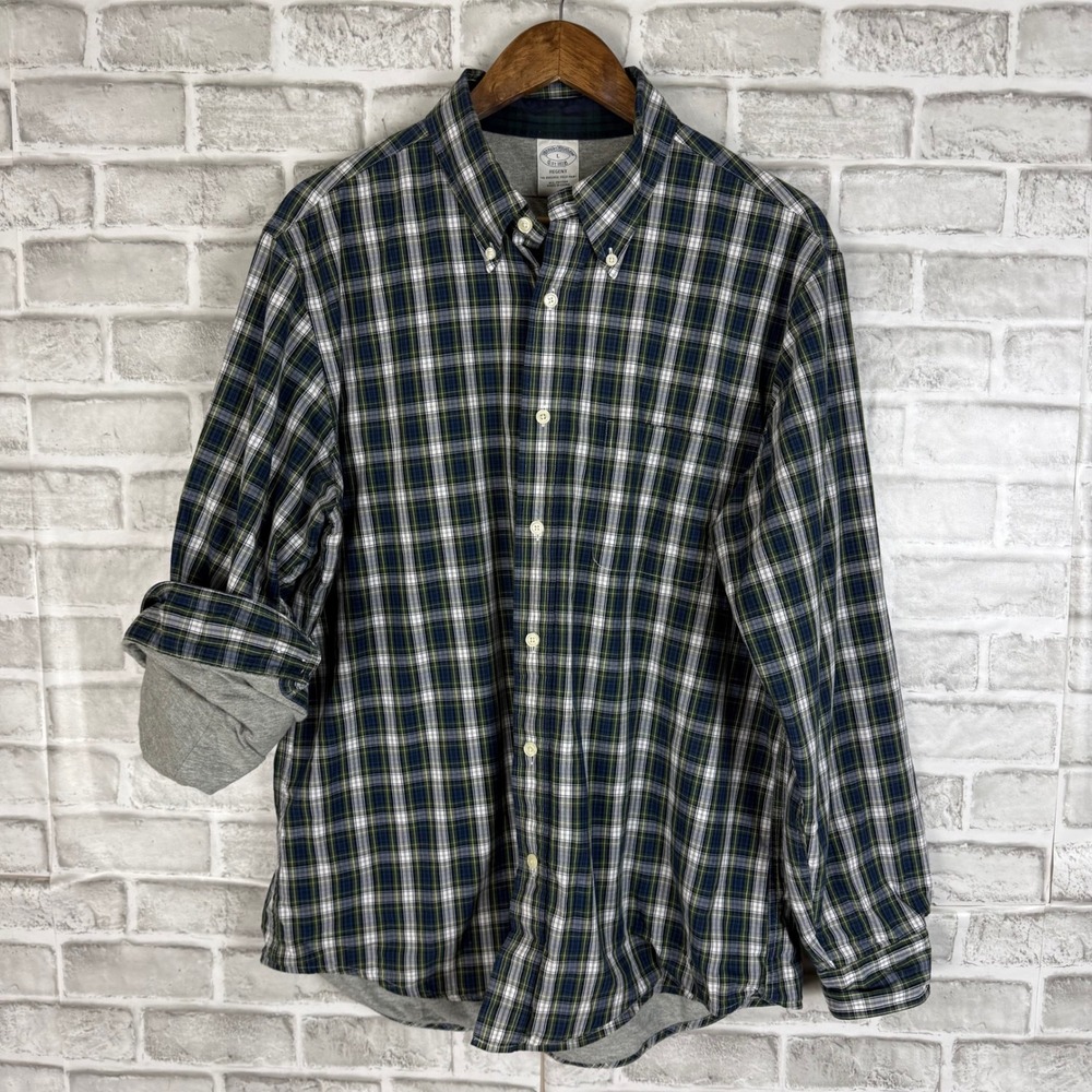 Brooks Brothers Regent Fit Plaid Button Down Shirt Mens Large Jersey Lined Navy